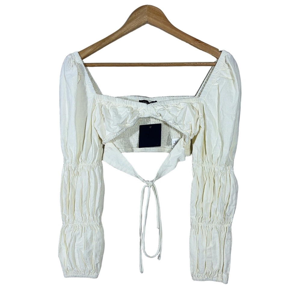 NWT JLUXLABEL Smocked Long Sleeve Solid Crop Top Ivory Boho Tie Back Size S